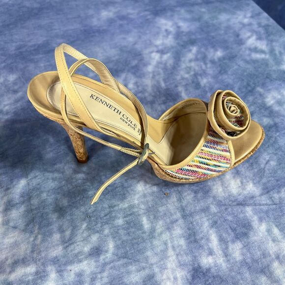 Kenneth Cole Beige Leather Woven Striped Cork Strappy Platform Heels sz 6 1/2 - Picture 5 of 8